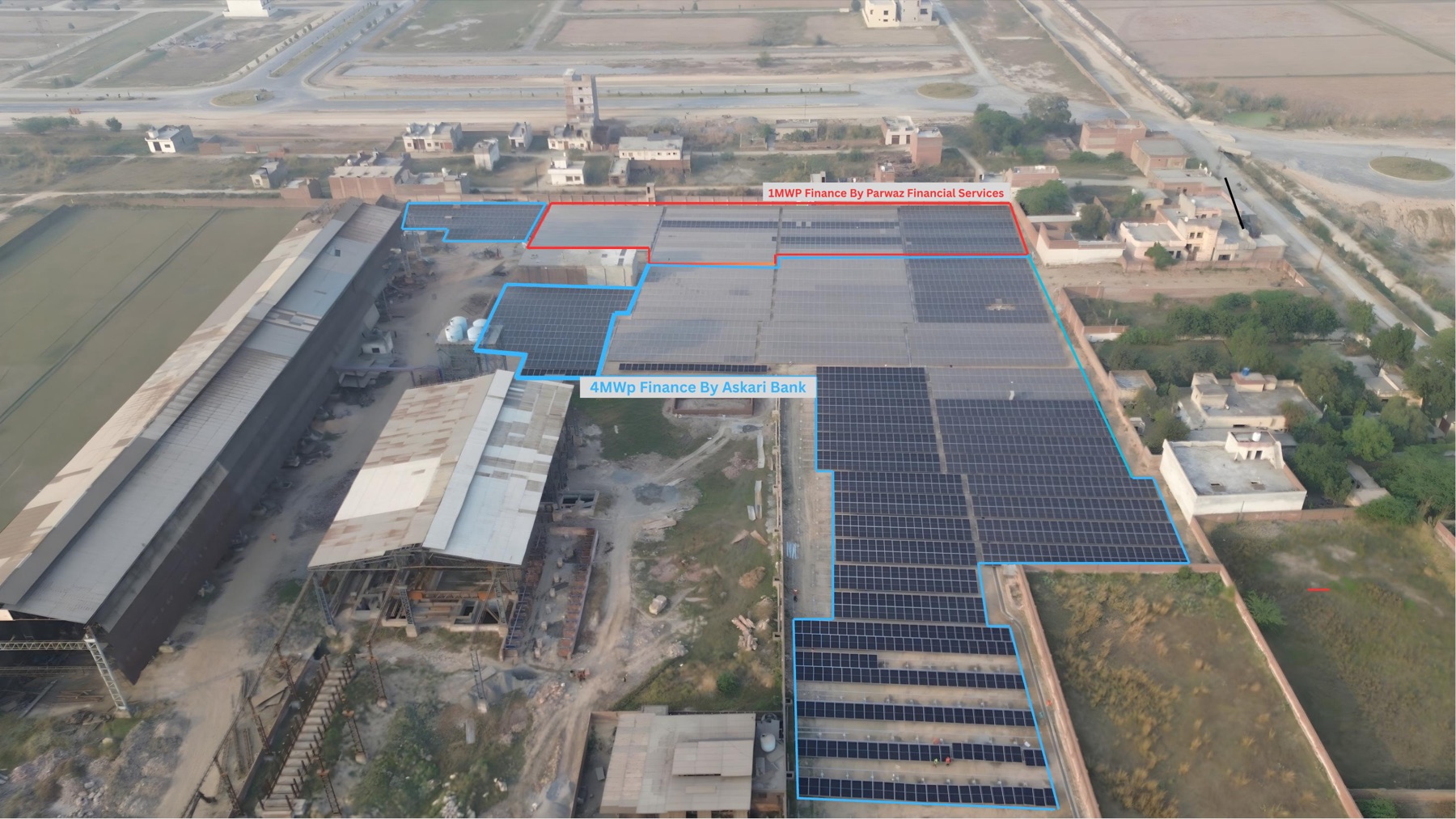 The financing split, mapped on the actual site. The red outline marks the 1 MWp funded by Parwaz Financial Services; the blue outline marks the 4 MWp funded by Askari Bank Limited.